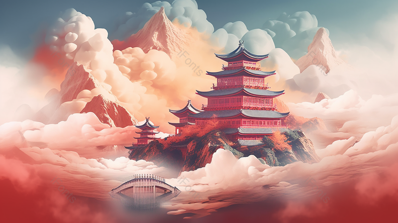 云雾缭绕的宫殿与红云国风插画,插画/手绘图,插画/手绘图库,插画/手绘图下载,插画/手绘